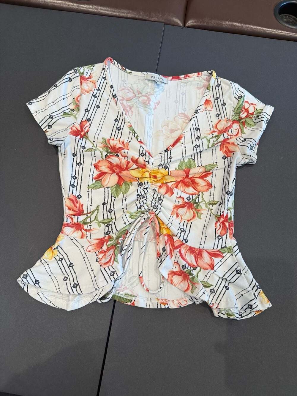 Papaya Floral Stripe Short Sleeve Ruched Peplum Top